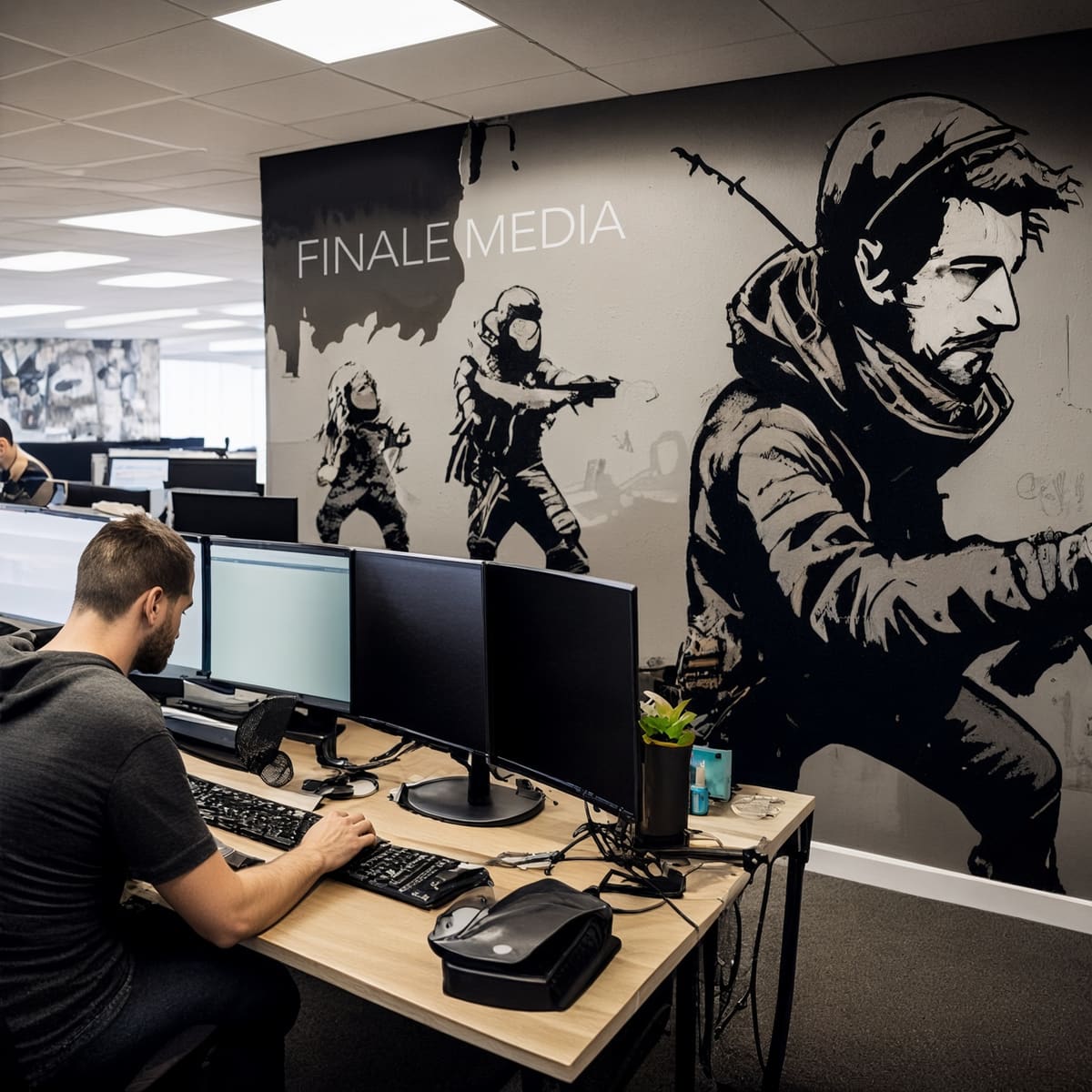 Finale Media office with a developer at his desk in front of a Finale Media mural